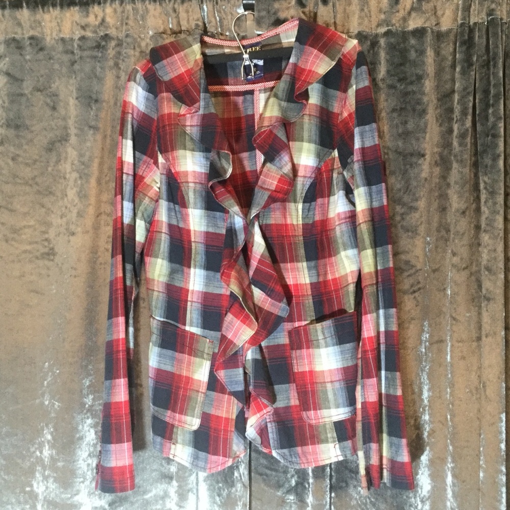 Free People Red Black Plaid Jacket Size 10 cotton